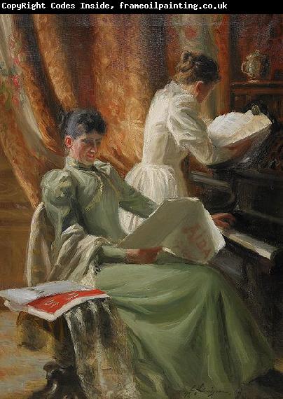 Emil Lindgren Interior med musicerande kvinnor vid pianot